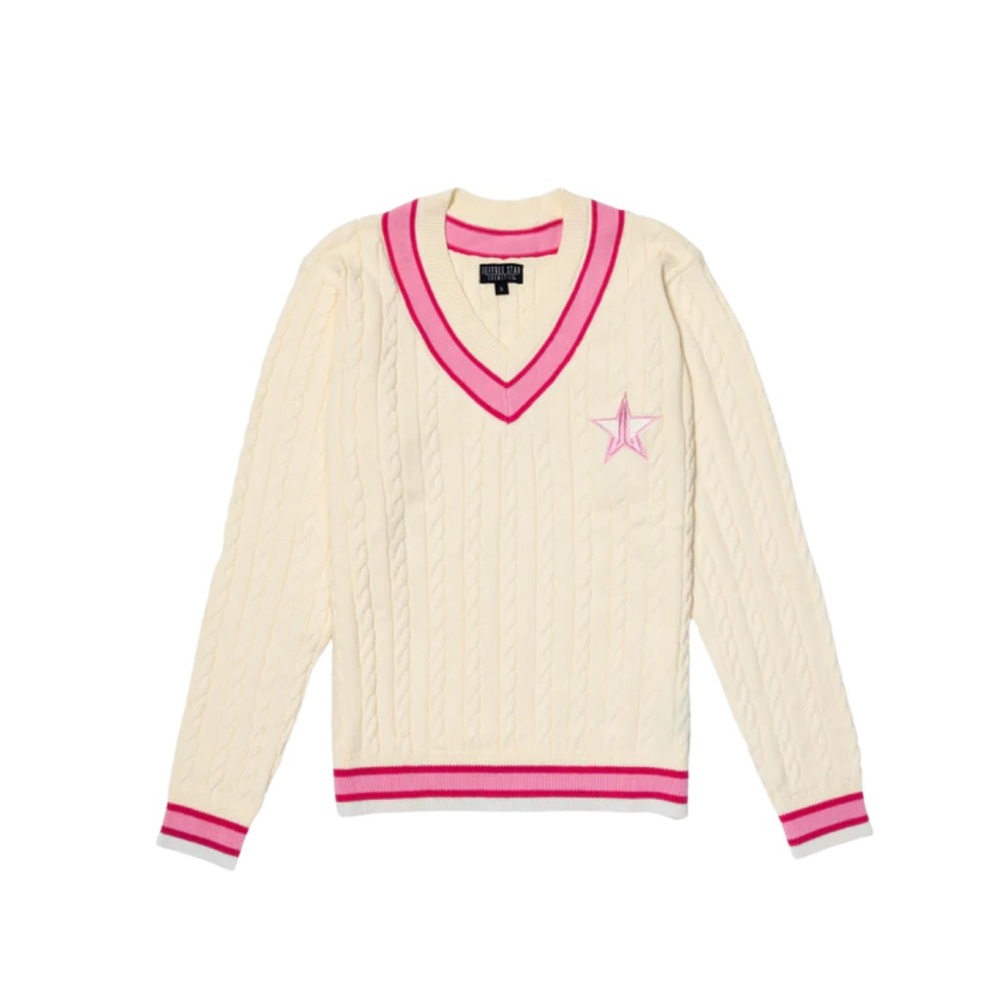 Jeffree Star Cream V-Neck Sweater with Pink Trim
